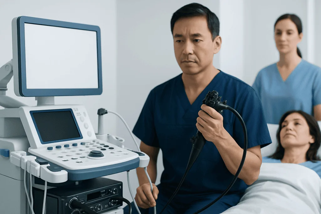 Medical professional preparing for endobronchial ultrasound biopsy procedure.