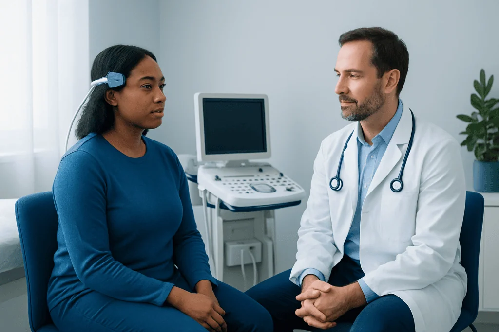 Doctor consulting with patient during a medical examination in a clinic.