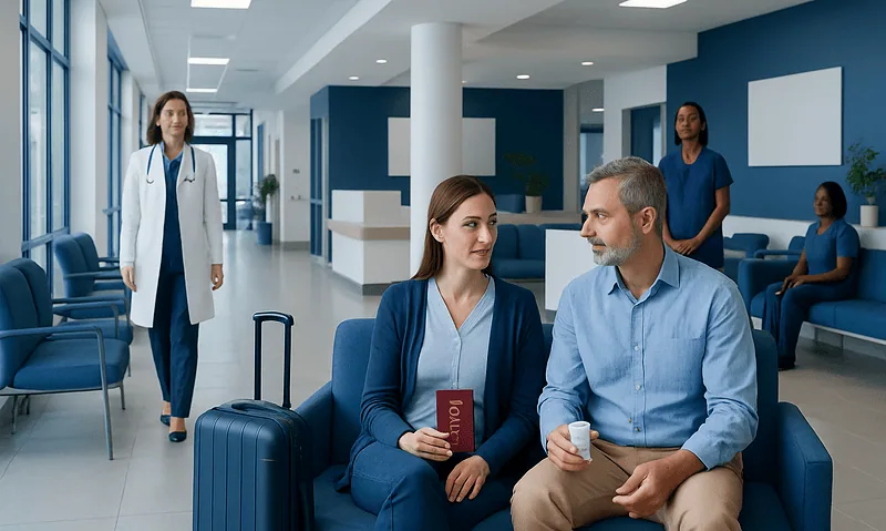 Traveling to Turkey with Controlled Medicines: What Documents to Carry 7 Patients waiting in a modern hospital lobby with medical staff present.