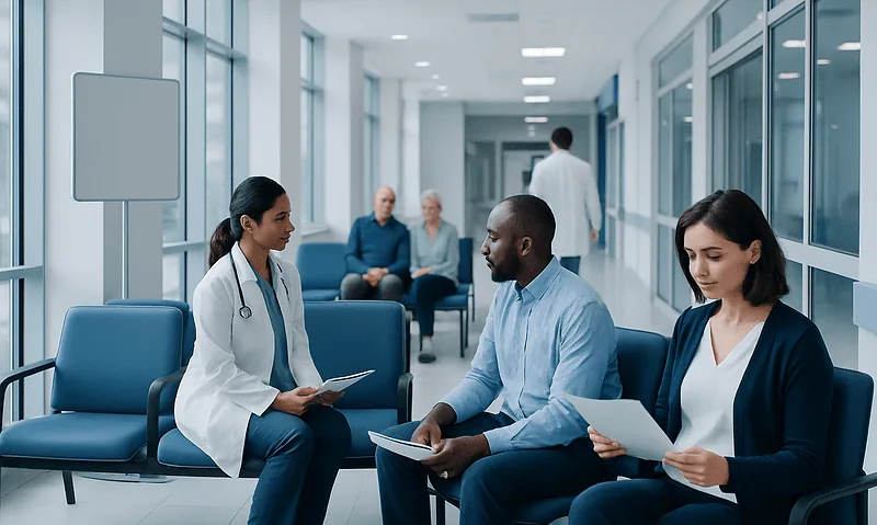 Medical consultation at Acibadem Hospital with diverse healthcare professionals.