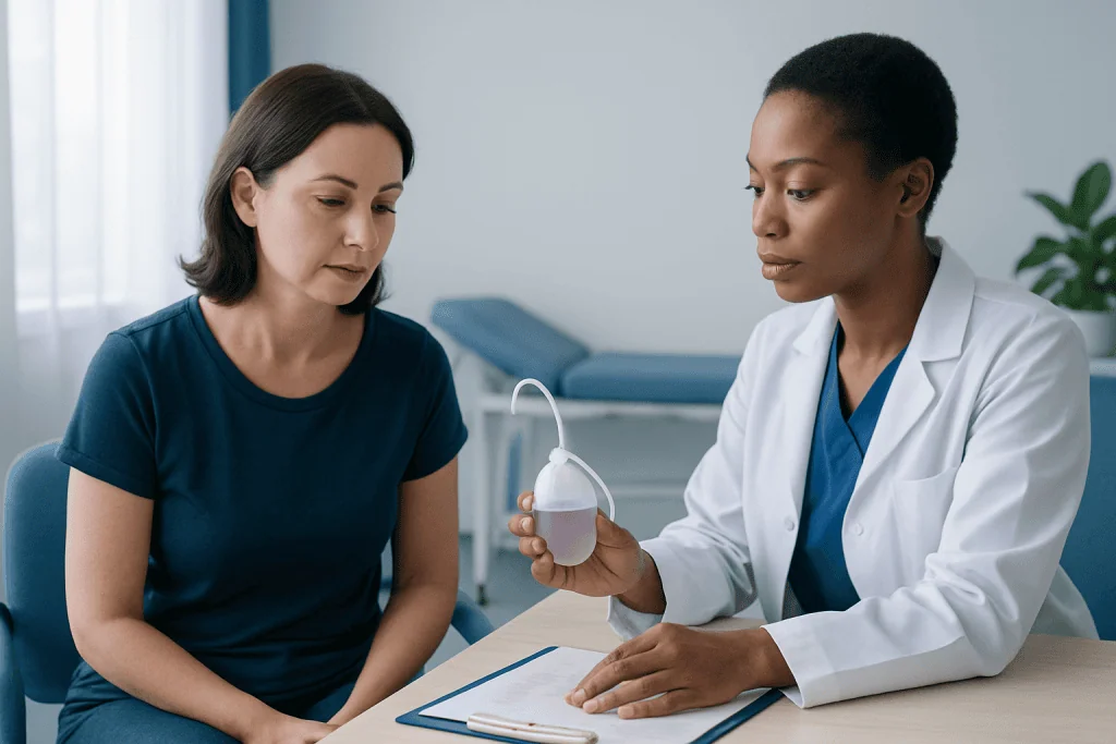 Doctor explains breast prosthesis removal to patient in consultation room.