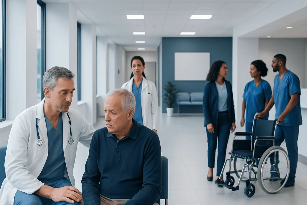 Avoiding Duplicate Doses When Medicines Change in Turkey 1 Doctor examining elderly patient in hospital corridor with medical staff in background.