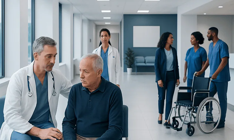 Avoiding Duplicate Doses When Medicines Change in Turkey 1 Doctor examining elderly patient in hospital corridor with medical staff in background.