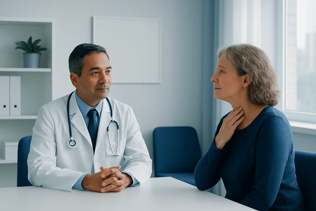 Doctor consulting with an elderly woman in a medical office.
