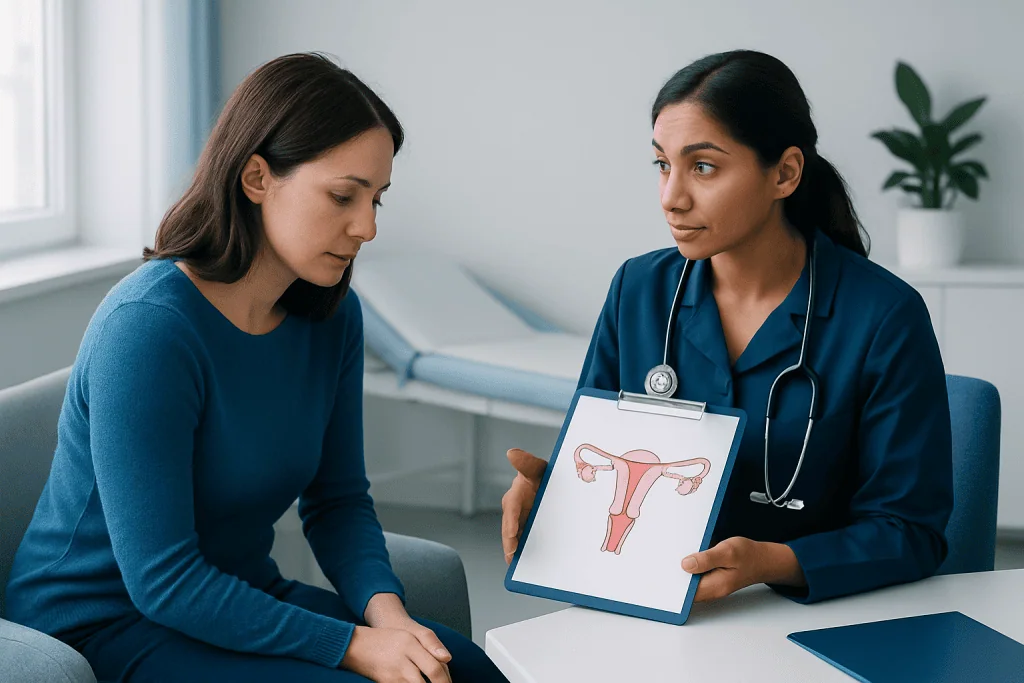 Doctor explaining uterine health to patient with ultrasound image.