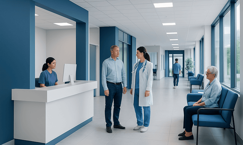 Hospital corridor with staff and patients in a modern medical facility.