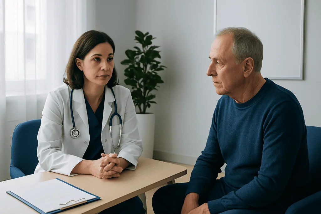 Doctor consulting with an elderly male patient in a hospital room.