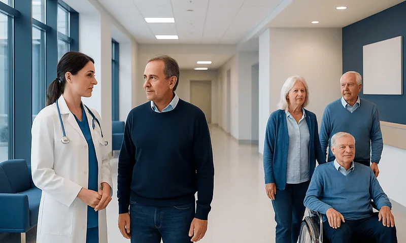 Healthcare professionals discussing patient care in hospital corridor.