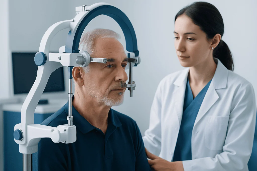 Patient undergoing neurological examination with a head MRI device.