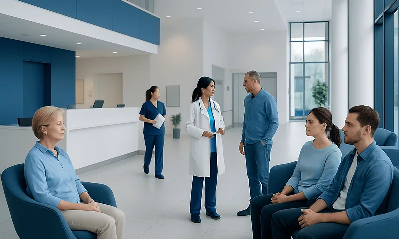 Hospital waiting area with medical staff and patients in a modern facility.