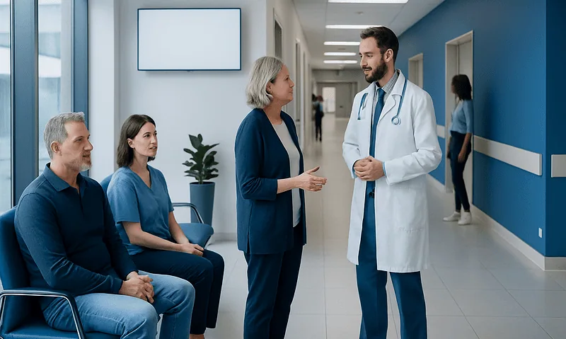 Doctor consulting with patients in hospital corridor at Acibadem Hospitals.