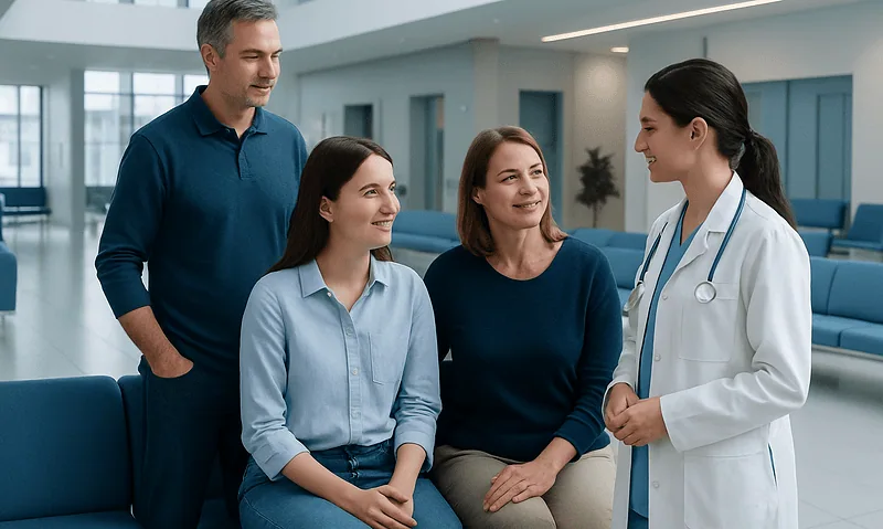 Family members engaging with a doctor in a hospital lobby for patient care.