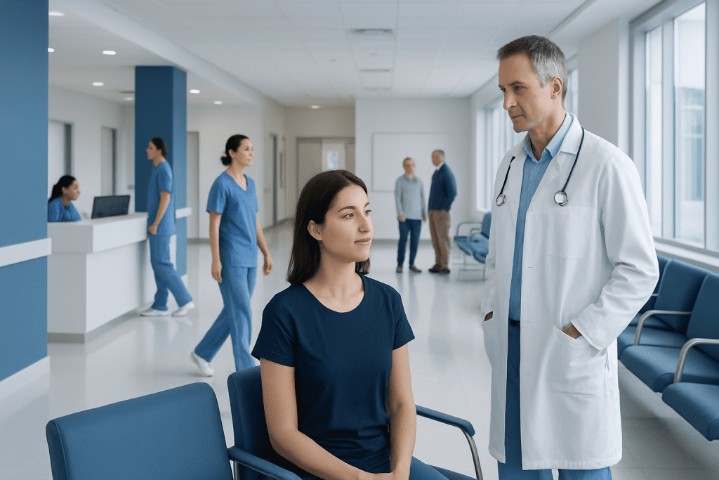 Fasting Before Surgery in Turkey: Rules for Food, Drink, and Medicines 1 Doctor consulting a patient in hospital corridor with medical staff in background.