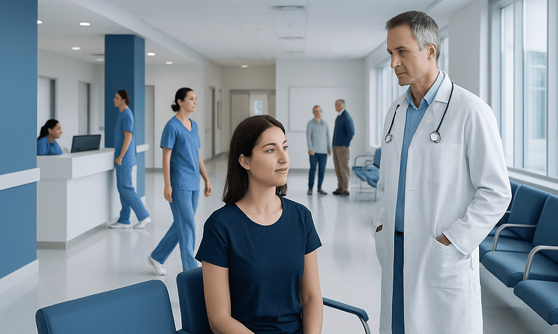 Doctor consulting a patient in hospital corridor with medical staff in background.
