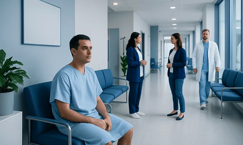 Patient waiting in hospital corridor with medical staff nearby.