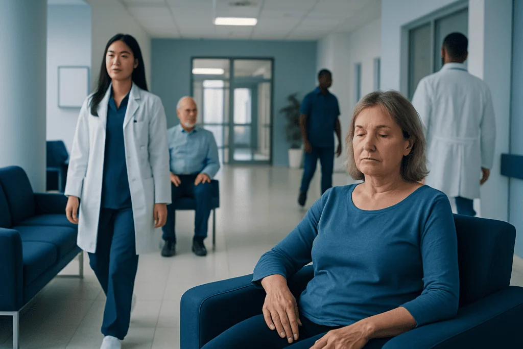 Managing Fatigue After Medical Treatment in Turkey 1 Patient resting in hospital waiting area with medical staff nearby.