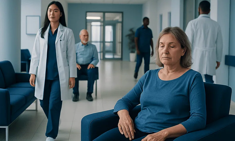 Patient resting in hospital waiting area with medical staff nearby.