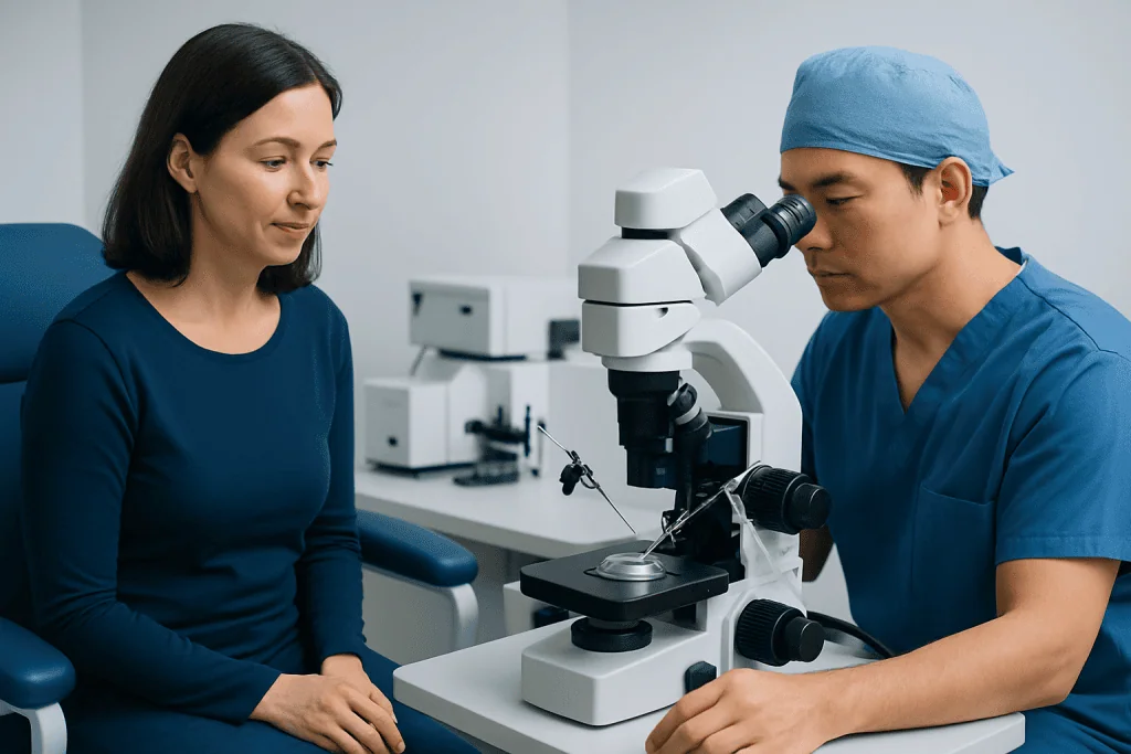 Fertility specialist examining a woman with a microscope in a medical lab.