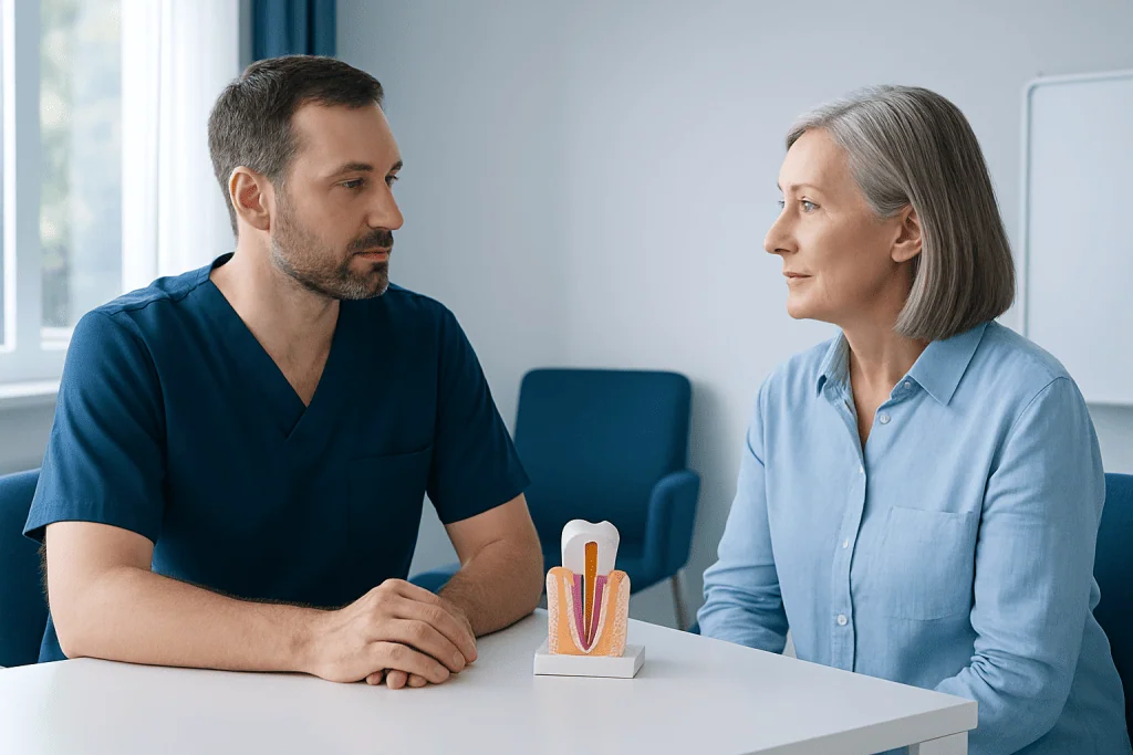 Dentist explaining root canal treatment to an older woman with dental model.