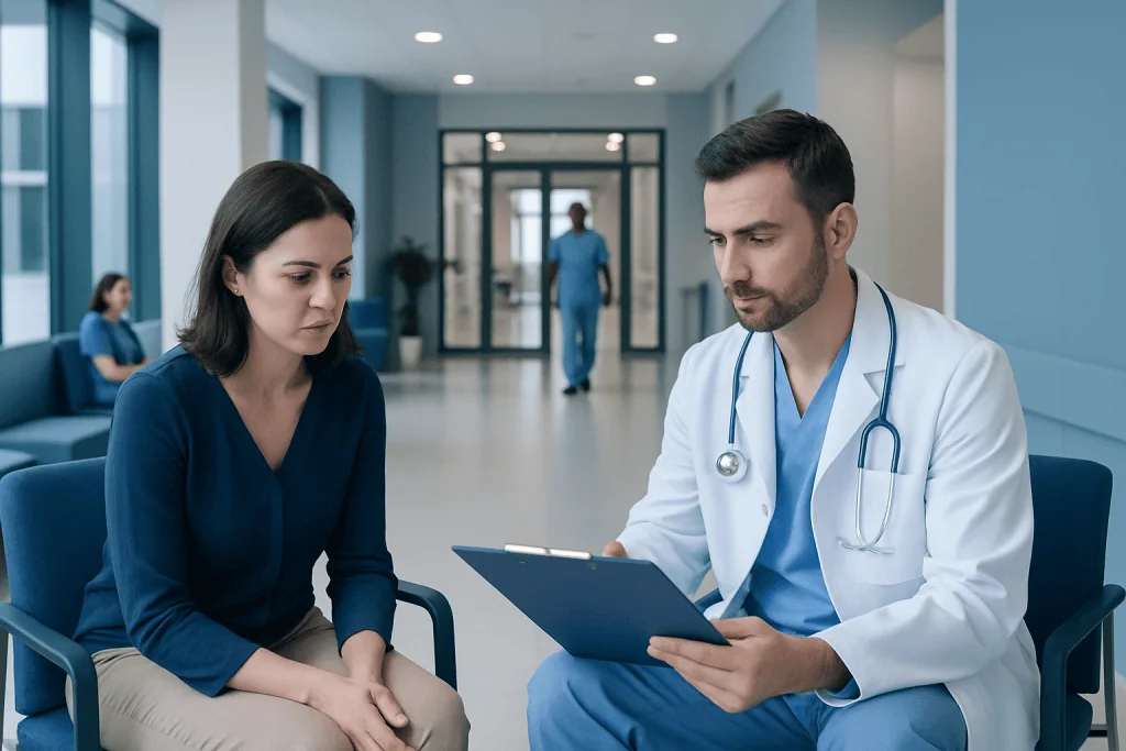At Acibadem, How We Verify Your Final Treatment Cost Before Travel 1 Doctor discussing treatment costs with patient in hospital corridor.