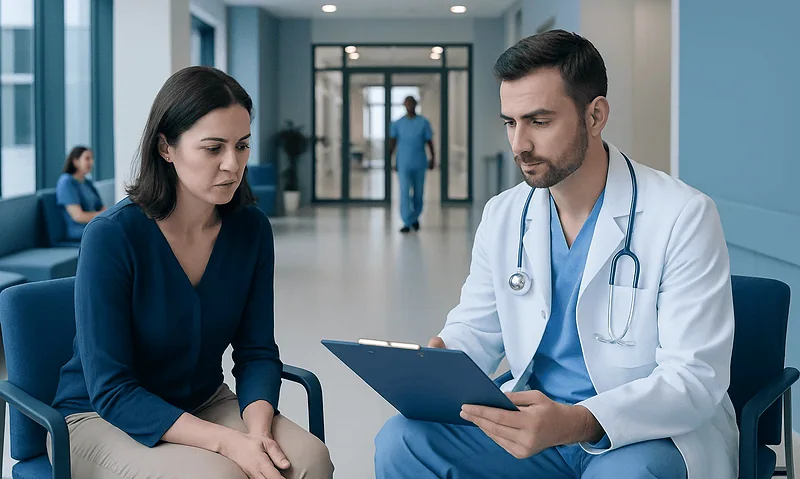 Doctor discussing treatment costs with patient in hospital corridor.