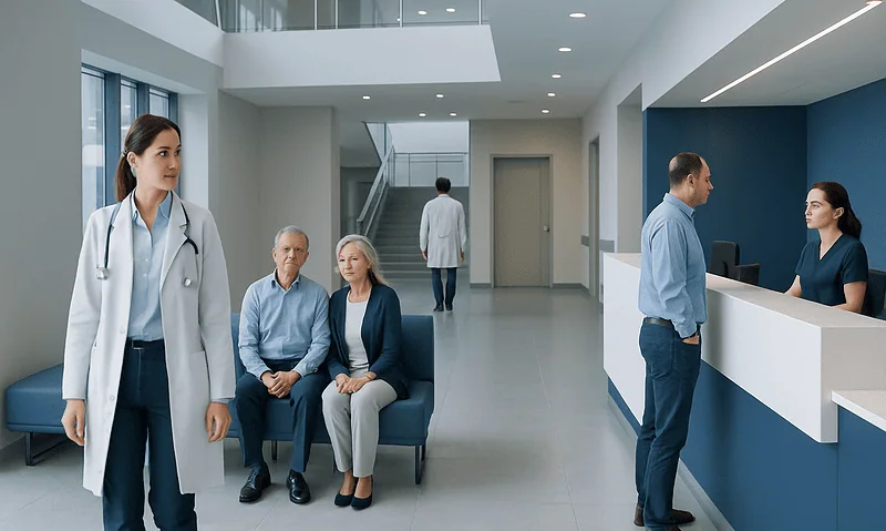 Hospital waiting area with patients and staff at Acibadem Hospitals Group.