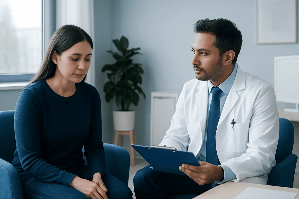 Doctor consulting with a patient in a medical office setting.