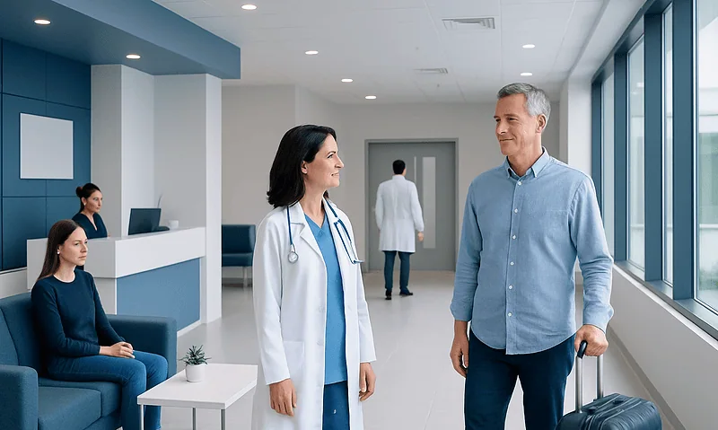 Hospital staff and patient in a modern healthcare facility corridor.
