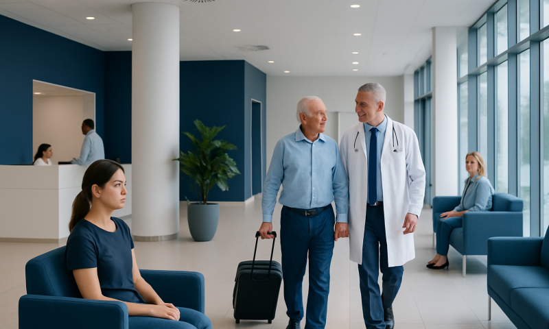 Hospital waiting area with patients and medical staff in a modern facility.