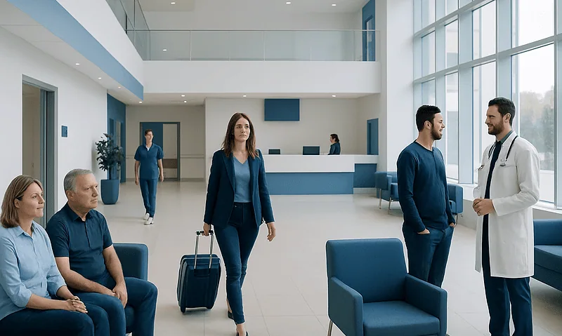 Patients and medical staff in a modern hospital lobby with large windows.