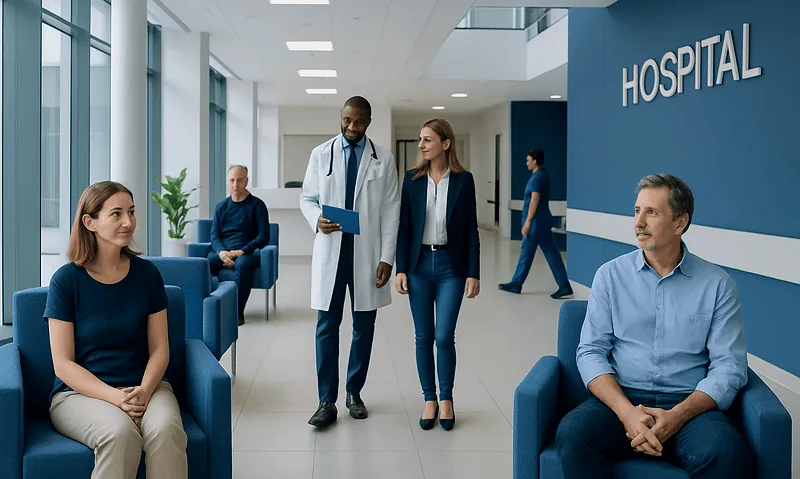 Patients waiting in a hospital lobby with medical staff nearby.