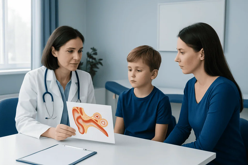 ENT specialist explains ear anatomy to a young patient and mother.