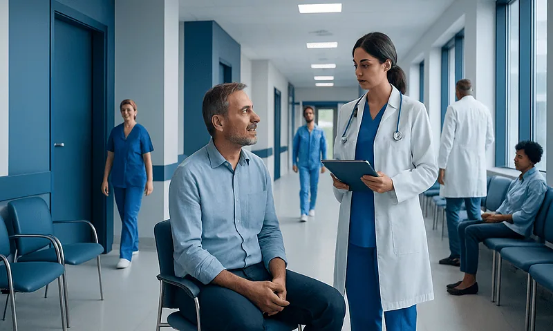 Patient consulting with a doctor in a hospital corridor at Acibadem Hospitals Group.