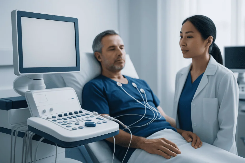 Patient undergoing cardiac monitoring during follow-up tests at Acibadem Hospital.