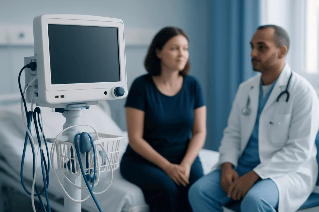 Doctor consulting with a patient in a hospital room with medical equipment.