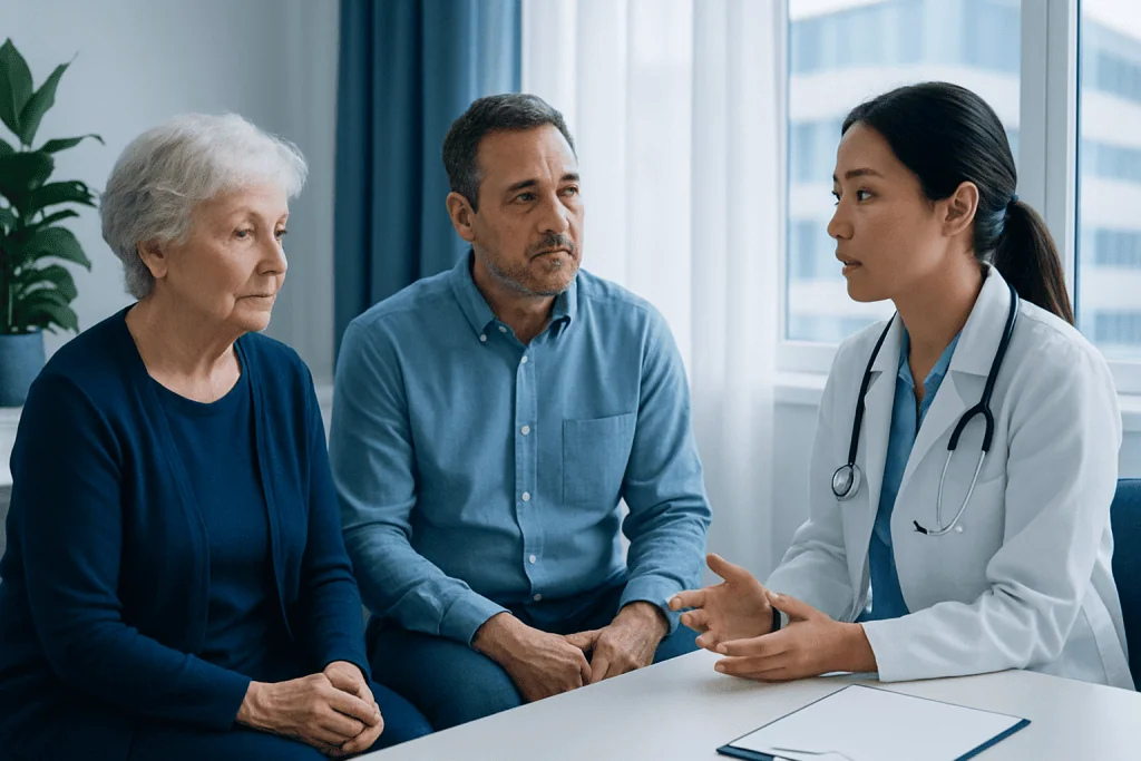 Doctor discussing care options with elderly patient and family.