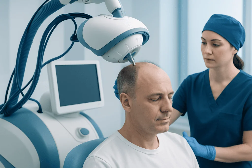 Hair transplant procedure using advanced medical technology at Acibadem Hospital.