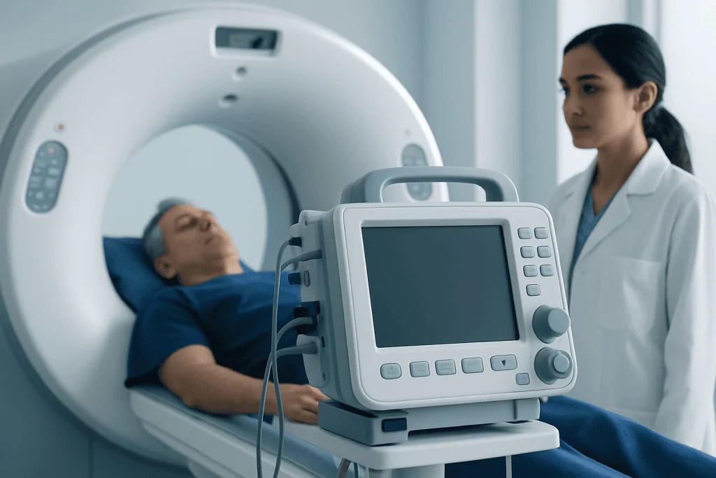 Patient undergoing a CT scan in a hospital setting with medical staff present.