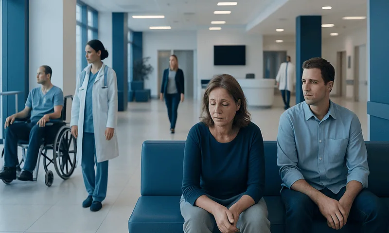 Patients and medical staff in a modern hospital waiting area in Turkey.