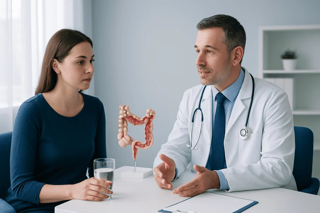 Doctor explaining digestive health to a patient with a model of the intestines.