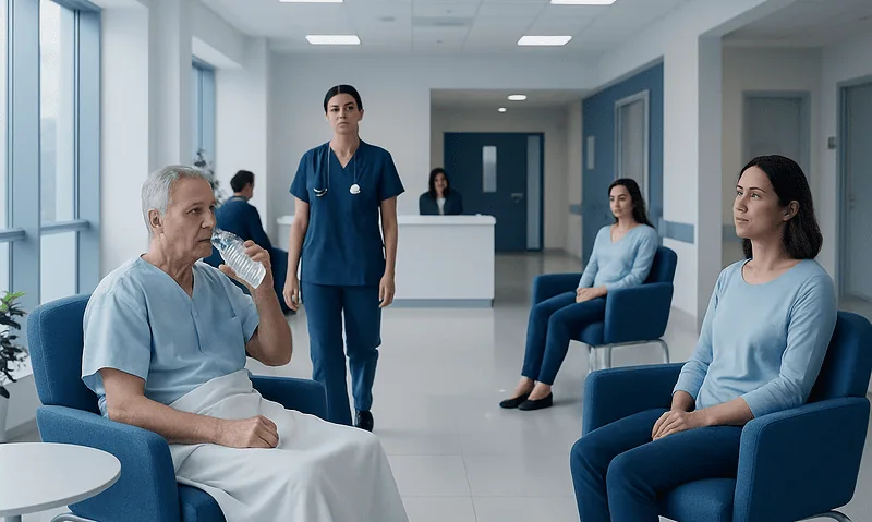 Hospital waiting room with patients and nurse in blue scrubs.