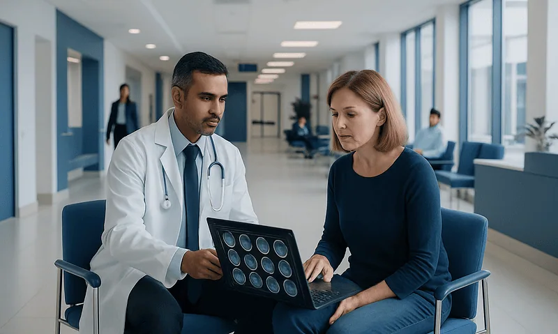 Doctor and patient reviewing brain scan images in hospital corridor.