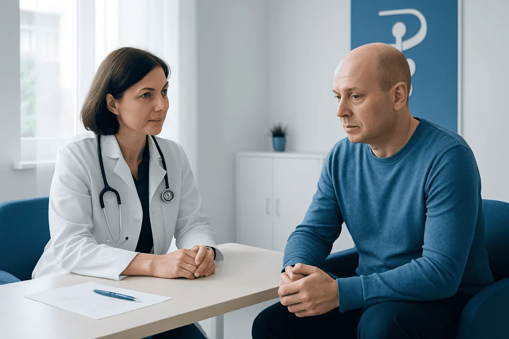 Doctor consulting with a male patient in a medical office setting.