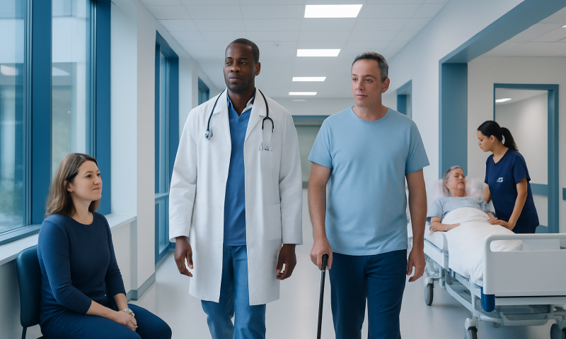Medical team consulting with patient in hospital corridor at Acibadem Hospitals.