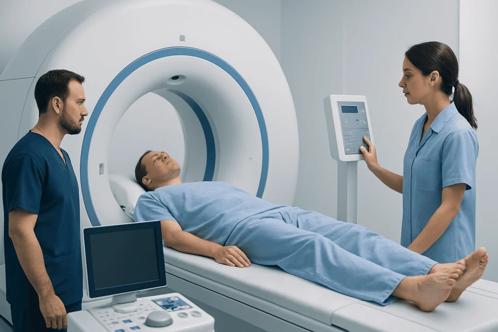 Patient undergoing MRI scan at Acibadem Hospital with medical staff present.