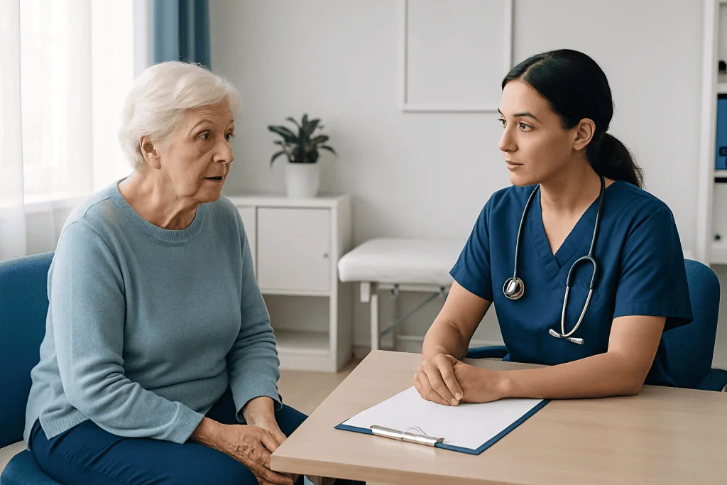 Elderly woman consulting with a healthcare professional in a medical office.