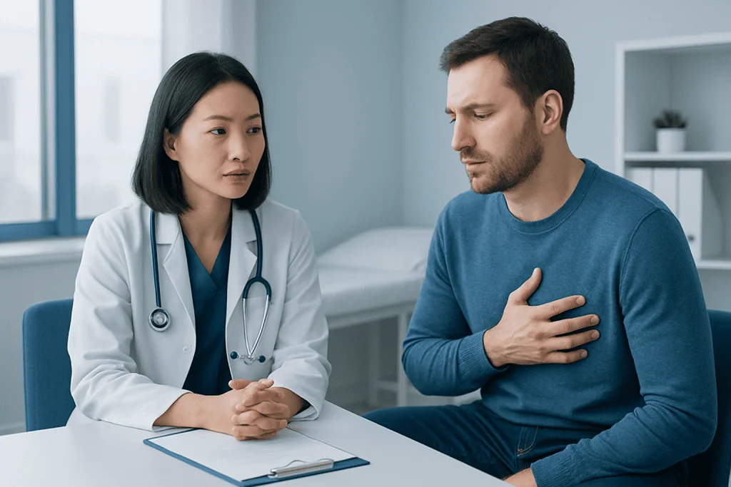 Doctor consulting with a patient about symptoms in a medical office.