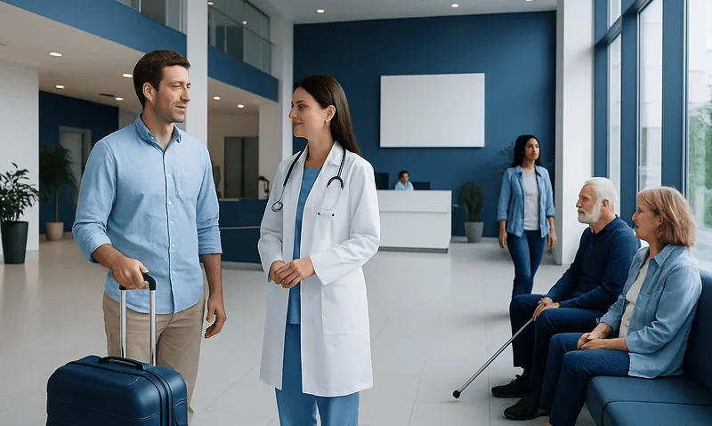Patient checking in at Acibadem Hospital reception with medical staff and waiting area.
