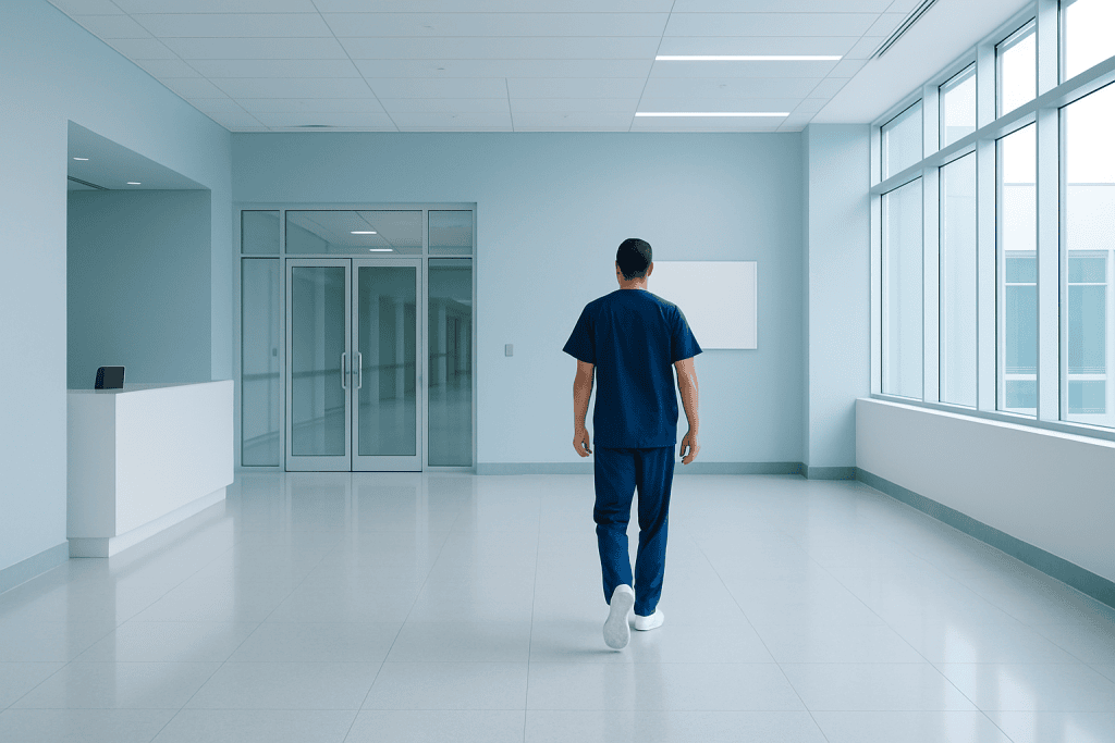 Why International Patients Travel Abroad for Hip Replacement Using Evidence Based Medicine 1 Healthcare professional walking in a modern hospital corridor with large windows.