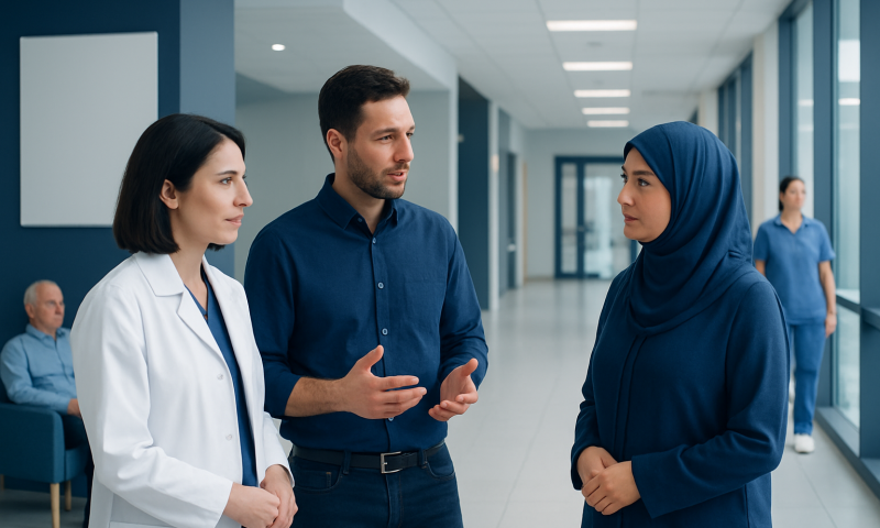 Interpreter supporting Turkish patient at Acibadem Hospital.